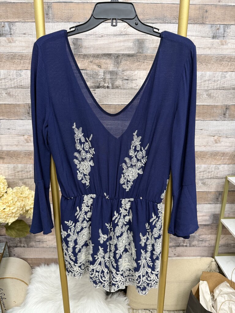 Navy Blue Rain Brand Embroidered Tunic Top