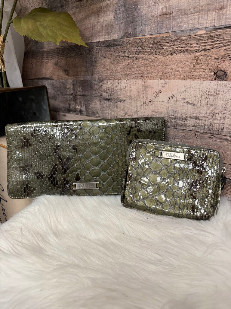 Green Cole Haan Faux Python Leather Clutch And Wallet Set