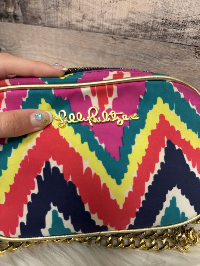 Multicolor Chevron Pattern Lilly Pulitzer Crossbody Bag With Gold Chain Strap