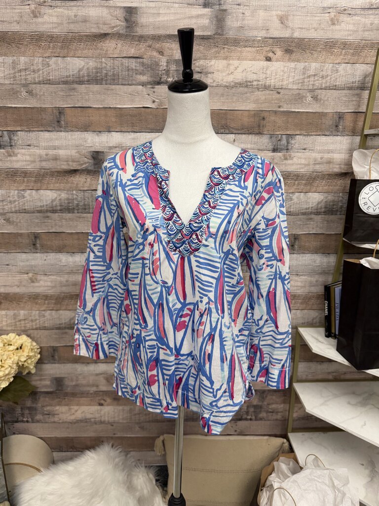 Lilly Pulitzer Aqua & Pink Abstract V-Neck Top