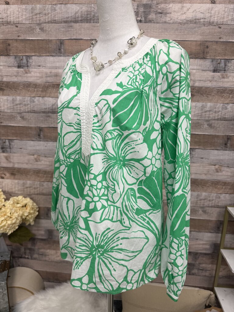 Lilly Pulitzer Green & White Floral Print V-Neck