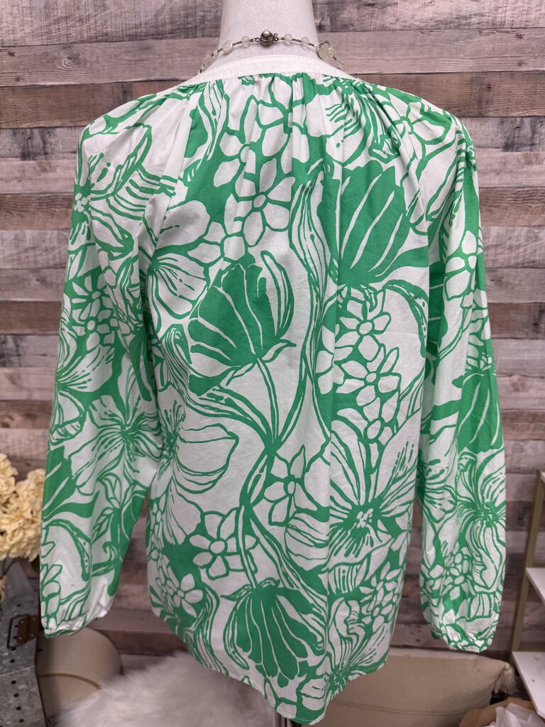 Lilly Pulitzer Green & White Floral Print V-Neck