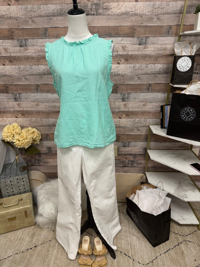 J Crew Mint Sleevless Ruffle Linen Blend