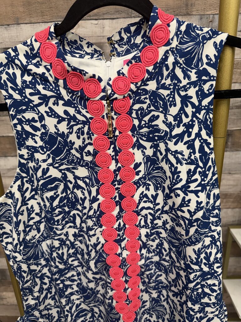 Lilly Pulitzer Blue & White w/Pink Circle Embroidered Detail Romper