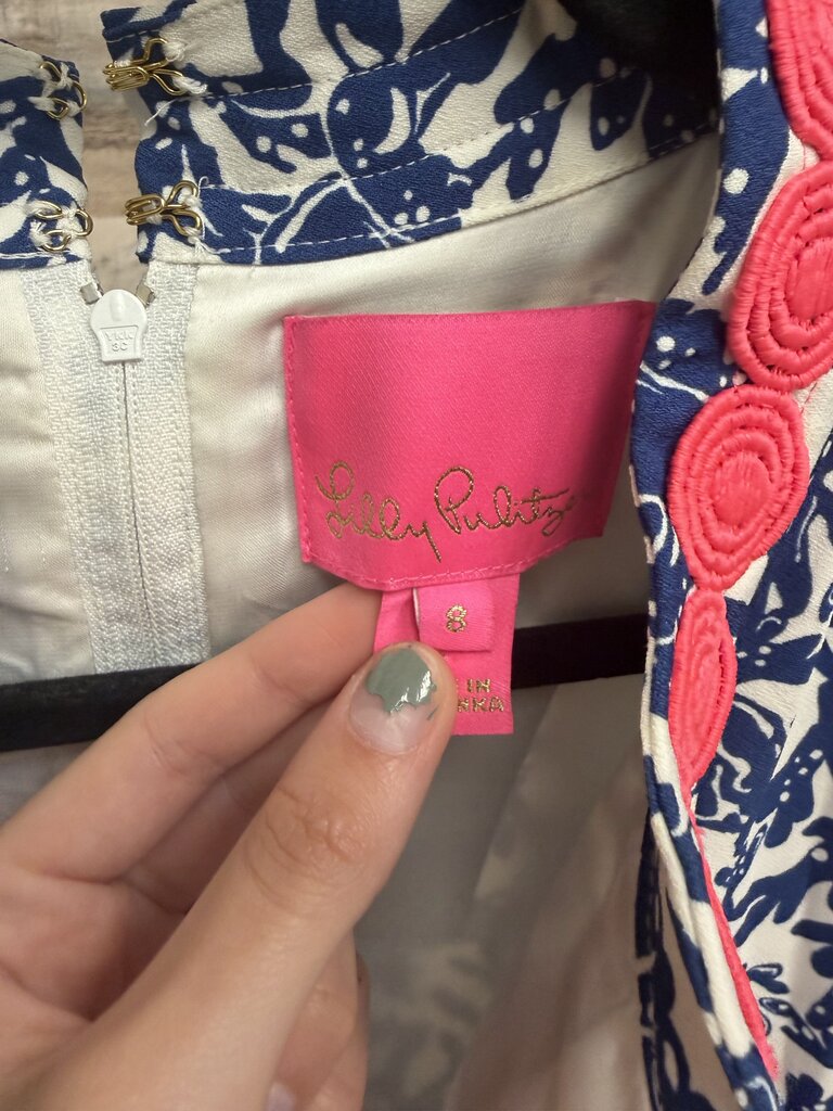Lilly Pulitzer Blue & White w/Pink Circle Embroidered Detail Romper