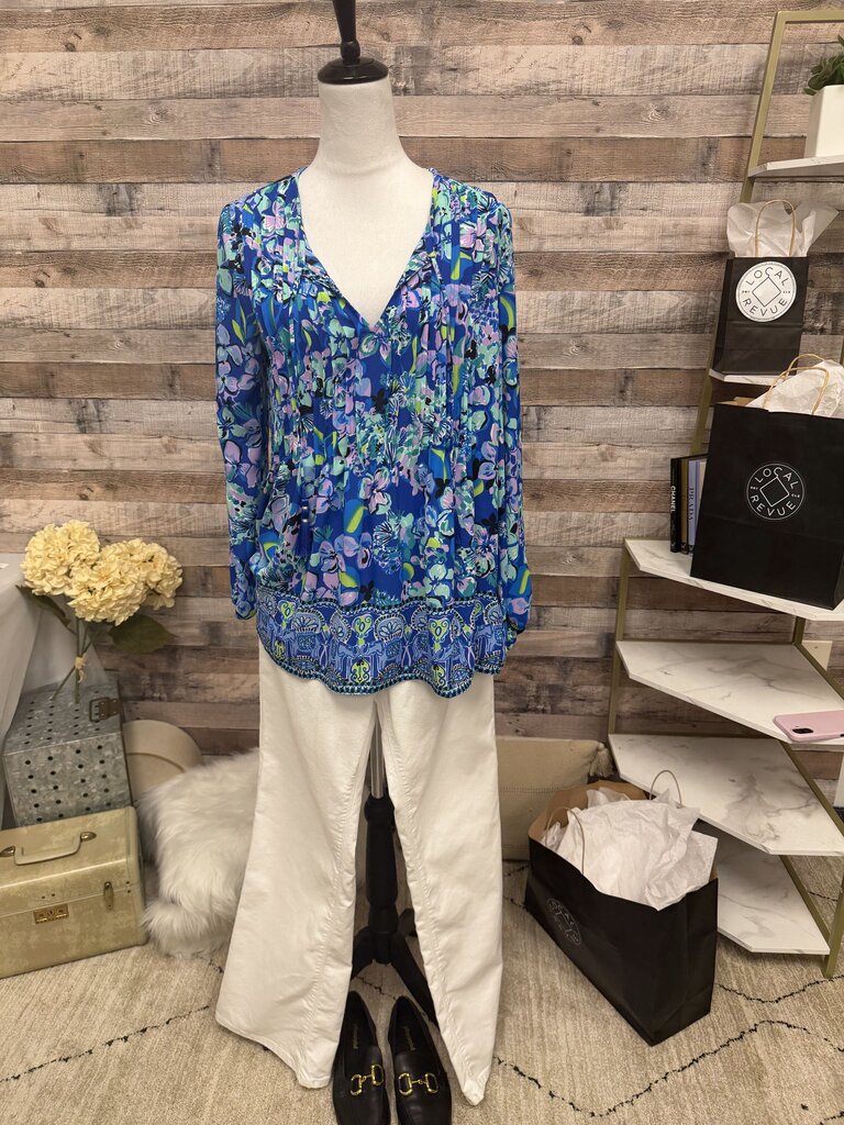 Lilly Pulitzer Royal Blue & Green Pleated Front Long Sleeve Tassel