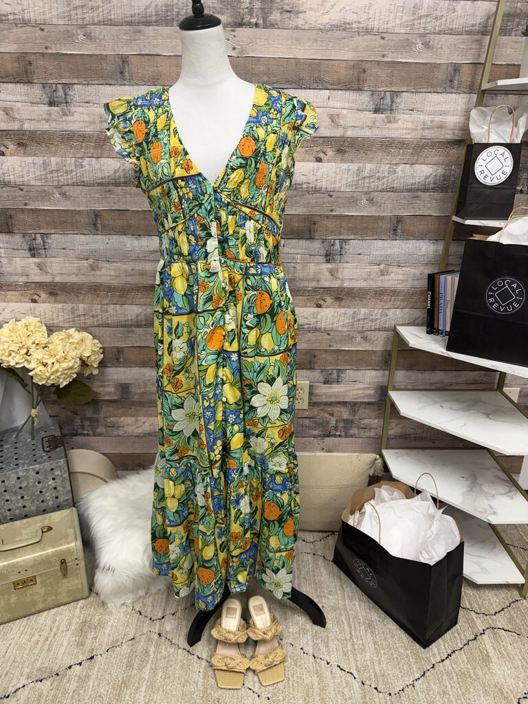 Anthropologie Green & Orange Fruit Floral Flutter Sleeve