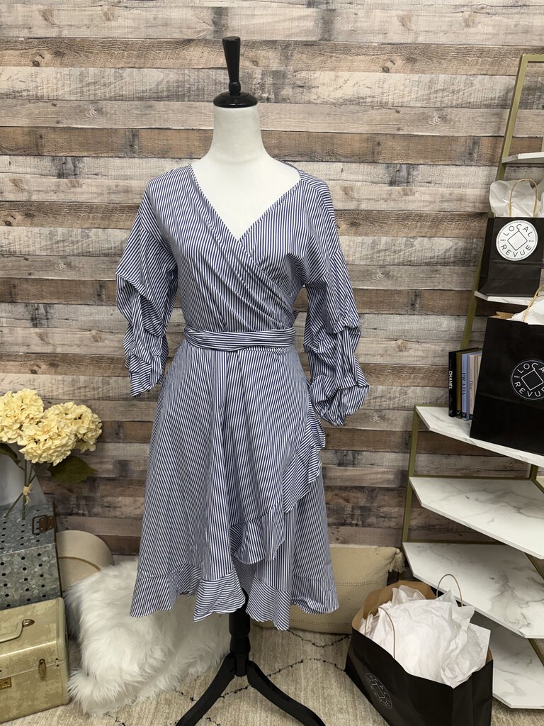 NWT Gracia Blue & White Stripe Wrap Dress & Gathered Sleeve