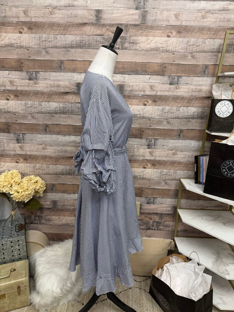 NWT Gracia Blue & White Stripe Wrap Dress & Gathered Sleeve