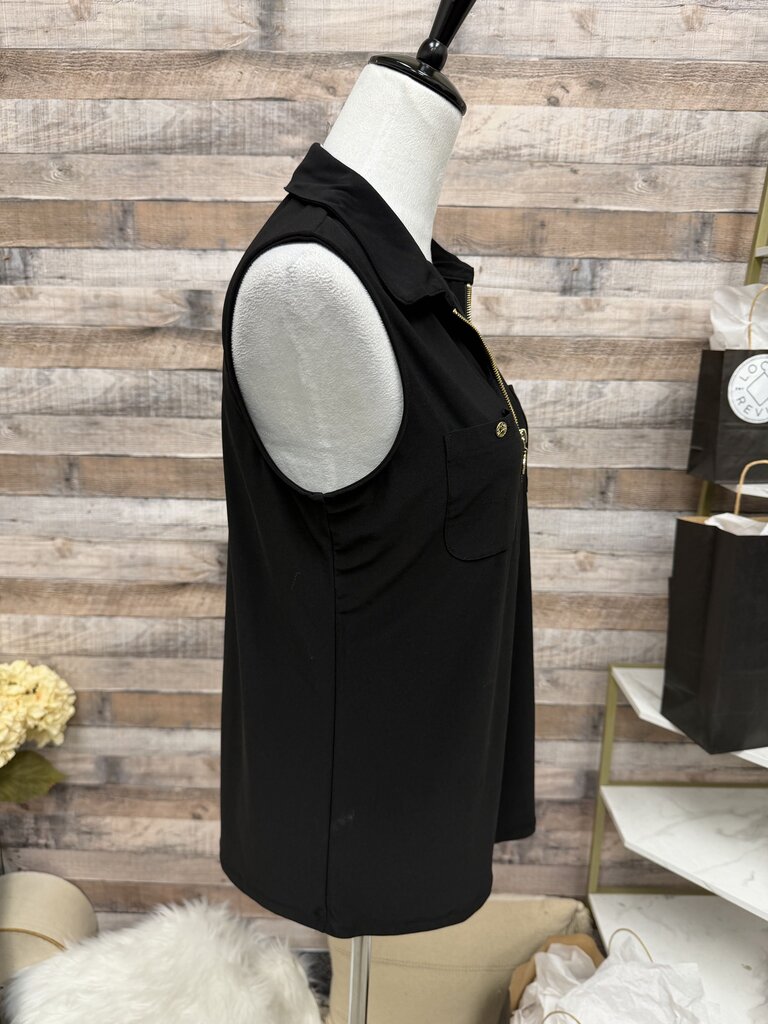 Black Anna Klein Gold Zipper Detail Sleeveless Blouse