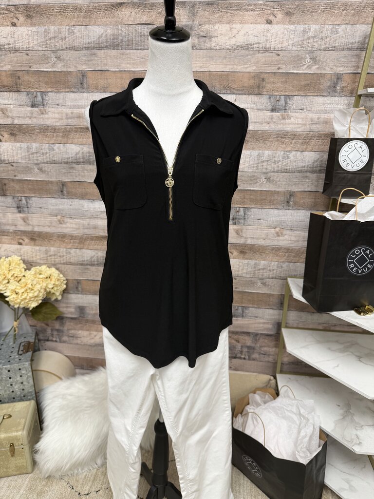 Black Anna Klein Gold Zipper Detail Sleeveless Blouse