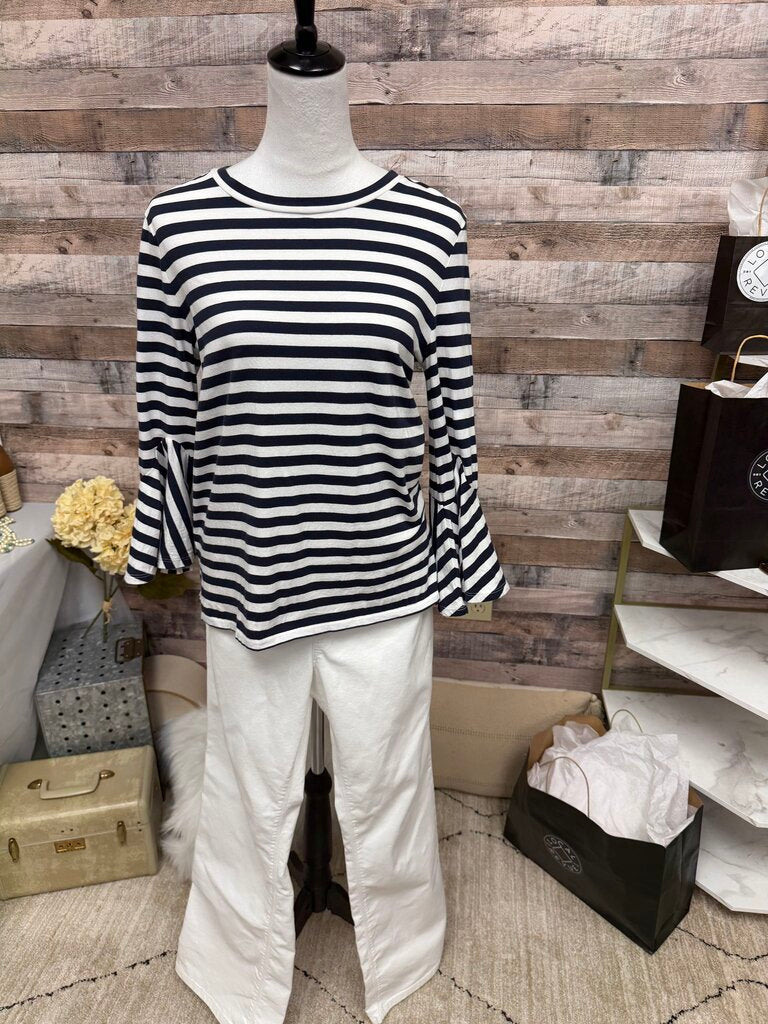 Black And Navy Striped LOFT Bell Sleeve Blouse