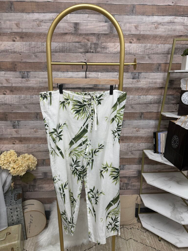 Via Seta Linen Bamboo Palm Leaf Print Pants
