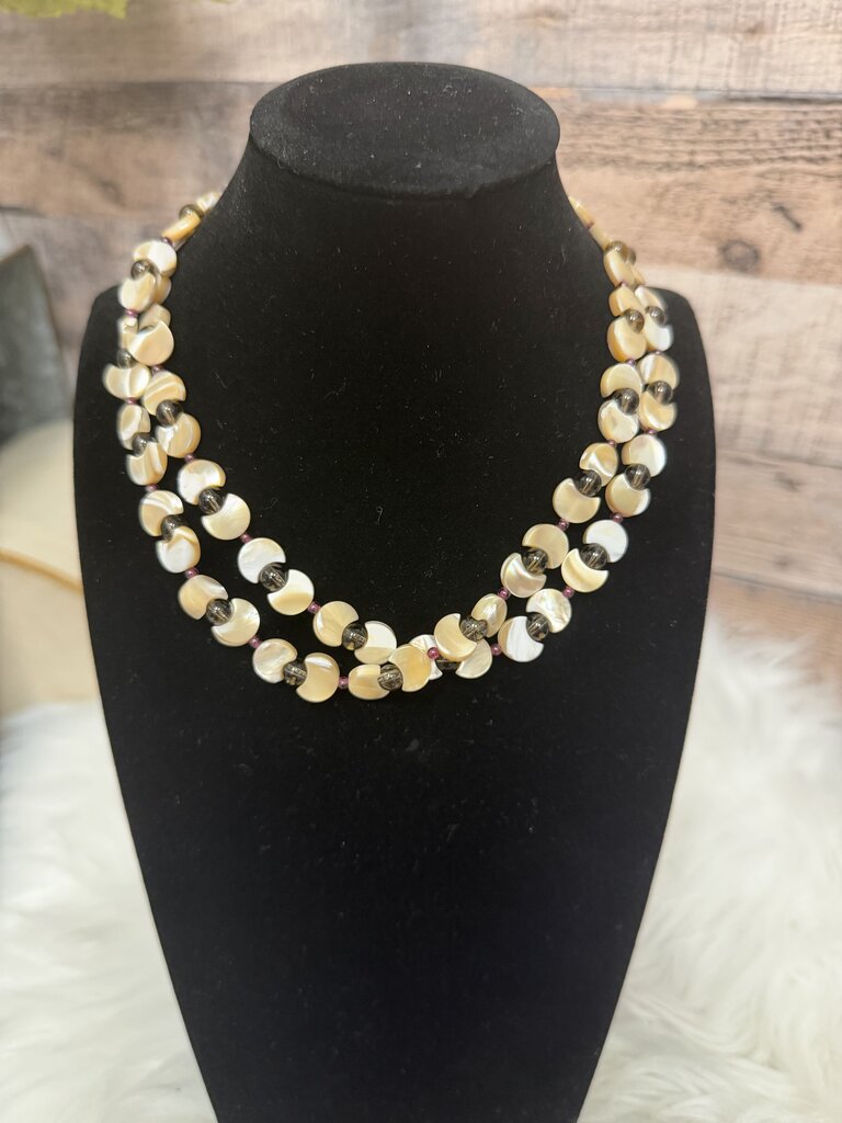 Ivory Moon Shell & Brown/Red Bead Necklace