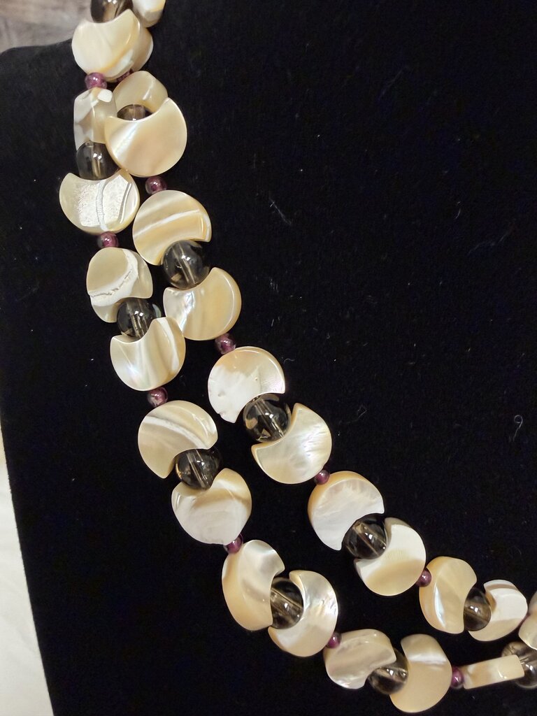 Ivory Moon Shell & Brown/Red Bead Necklace