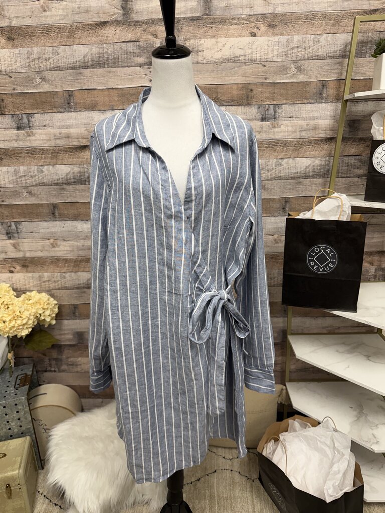 Blue And White Striped Saks Fifth Avenue Wrap Style With Tie Waist Shirt Dress