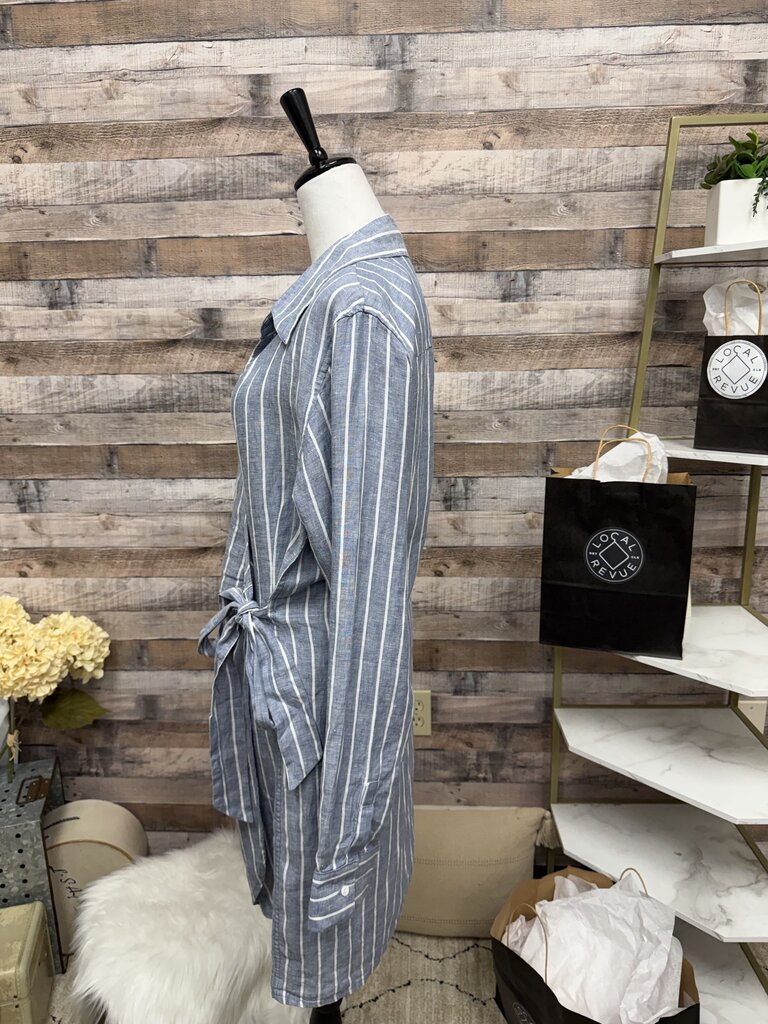 Blue And White Striped Saks Fifth Avenue Wrap Style With Tie Waist Shirt Dress