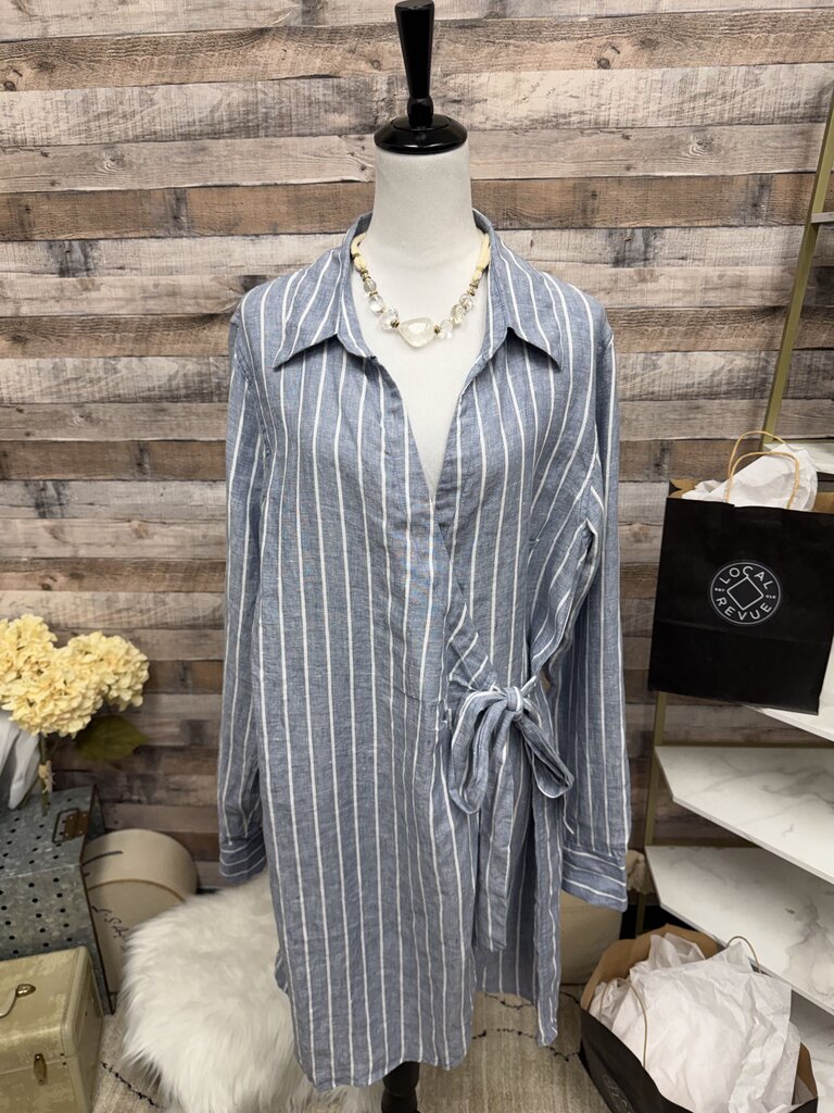 Blue And White Striped Saks Fifth Avenue Wrap Style With Tie Waist Shirt Dress