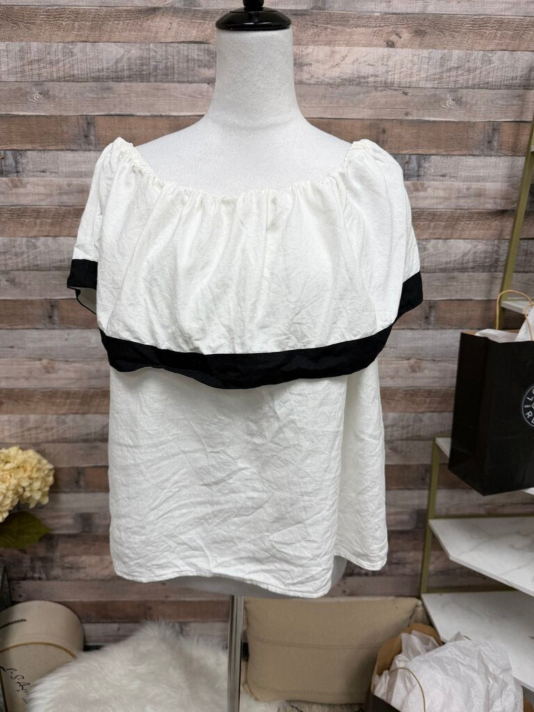 White With Black Trim Off-Shoulder Ruffle Blouse