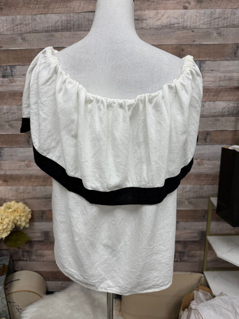 White With Black Trim Off-Shoulder Ruffle Blouse