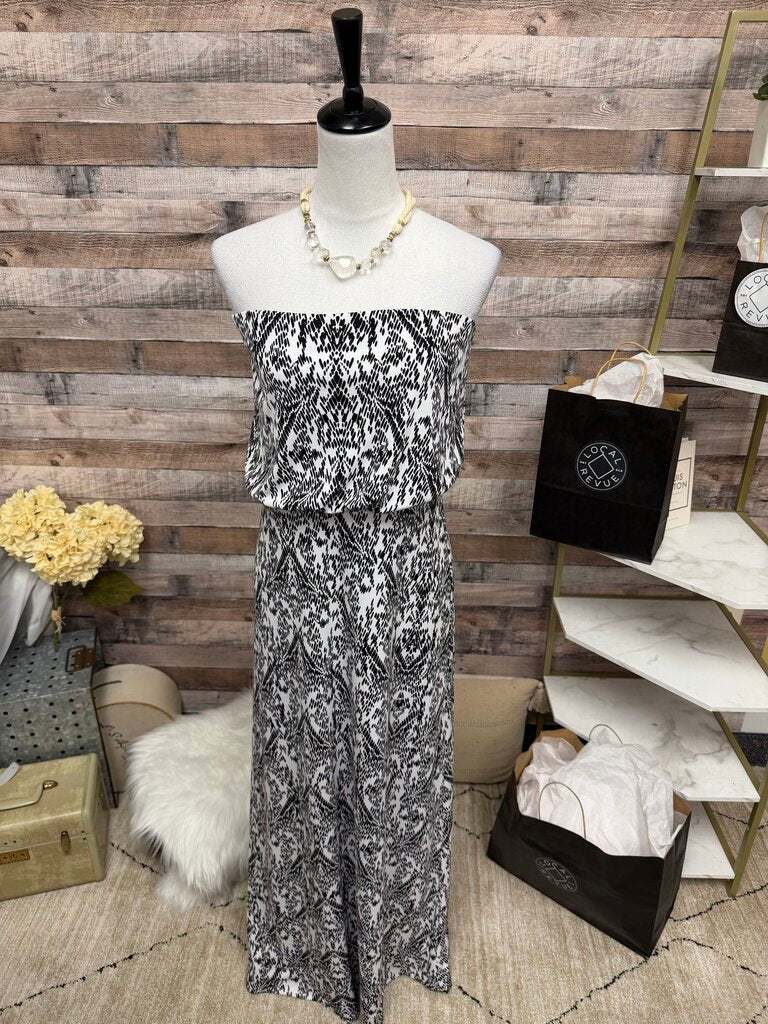 Abstract White And Black Print Susana Monaco Strapless Maxi Dress