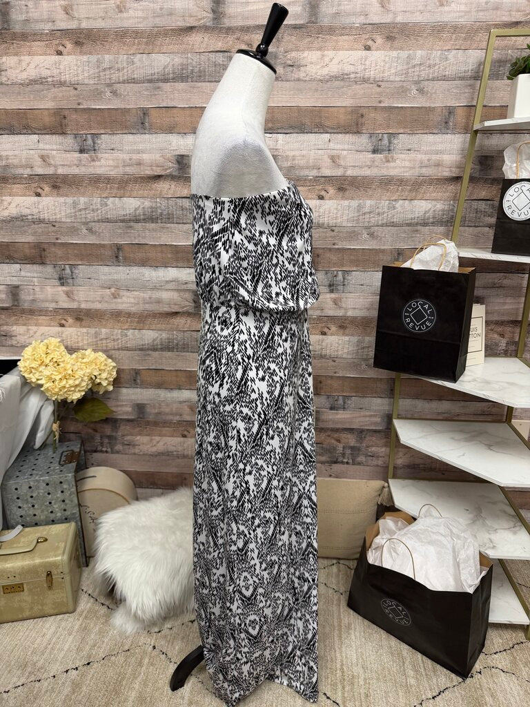 Abstract White And Black Print Susana Monaco Strapless Maxi Dress