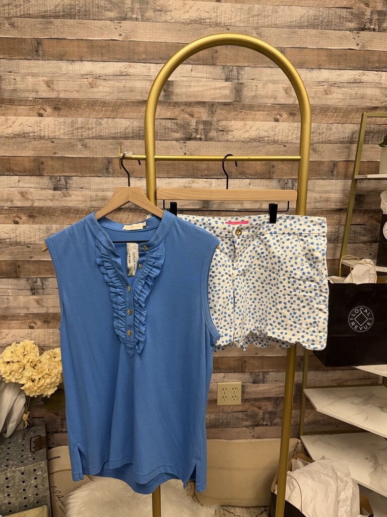 White With Blue Polk Dots Lilly Pulitzer Buttercup Scalloped Hem Shorts