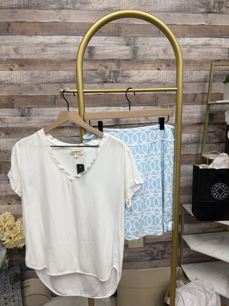 White With Blue Geometric Print Lulu B Athletic Shorts