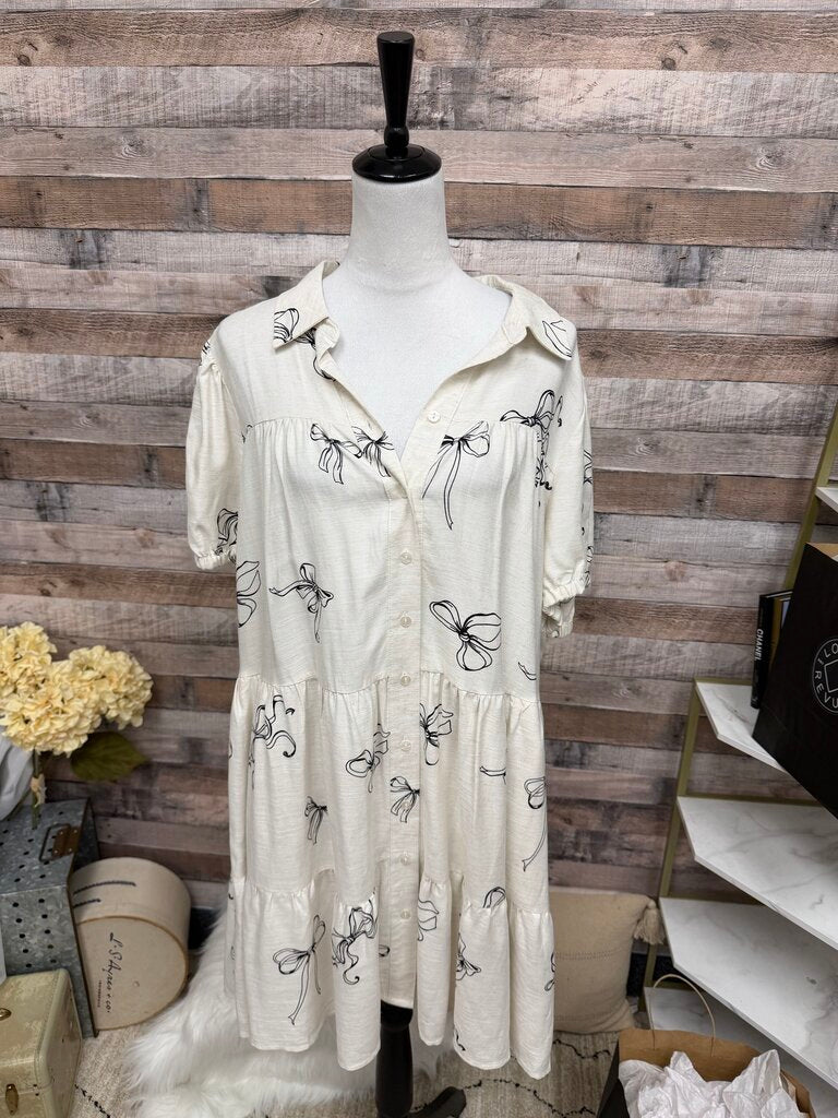 Jane & Delancey Cream w/Black Bows Linen Blend Button Dress