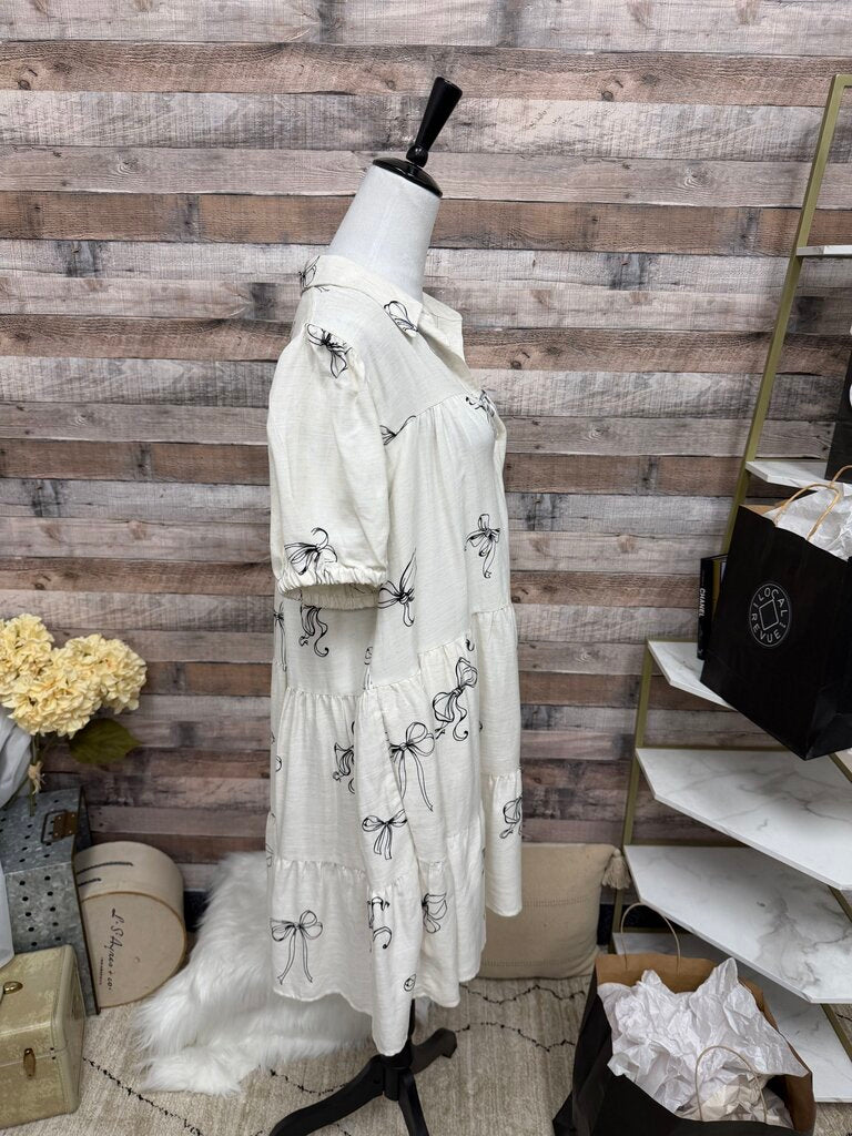 Jane & Delancey Cream w/Black Bows Linen Blend Button Dress
