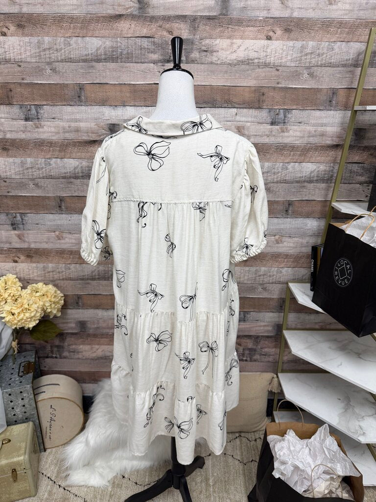 Jane & Delancey Cream w/Black Bows Linen Blend Button Dress