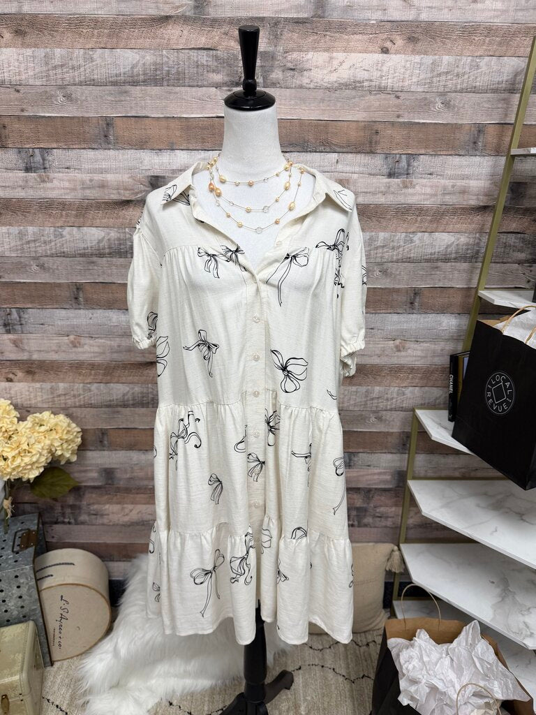 Jane & Delancey Cream w/Black Bows Linen Blend Button Dress
