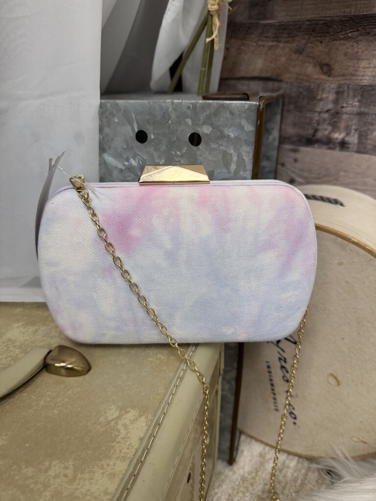Denim Tie Dye Pink & Blue Clutch w/Gold Chain
