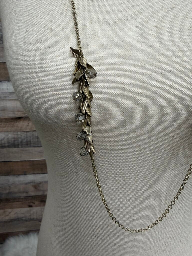 Silver Chain Leaf & White Bead Charm Necklace