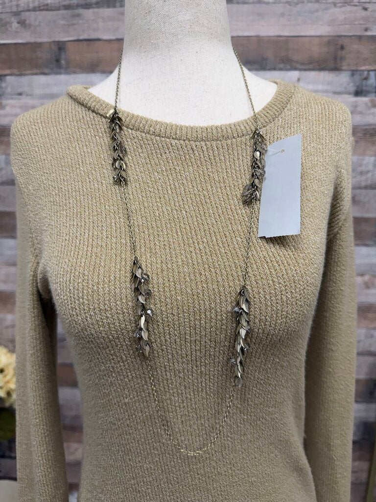 Silver Chain Leaf & White Bead Charm Necklace