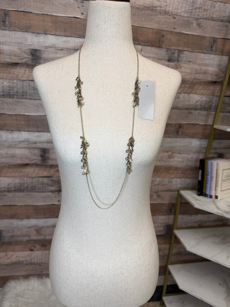 Silver Chain Leaf & White Bead Charm Necklace