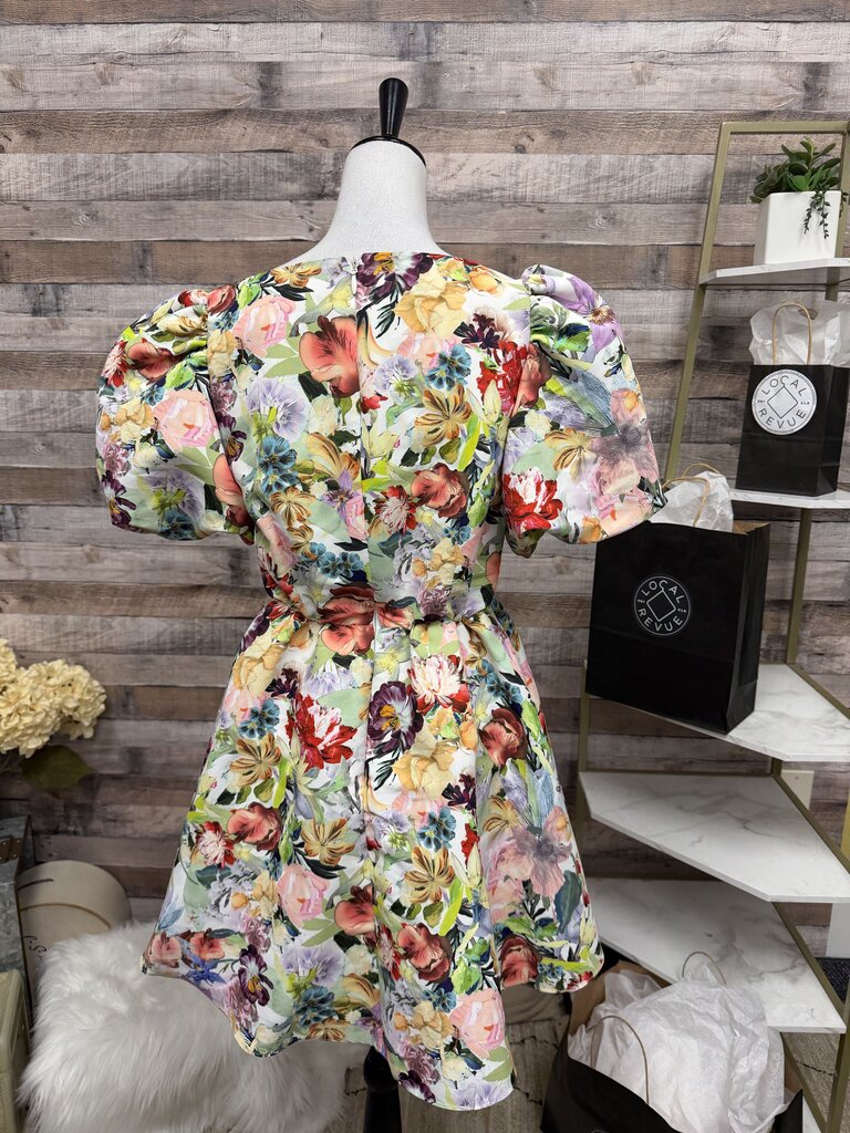 Multi Color Floral Print Sachin & Babi Puff Sleeve Mini Dress