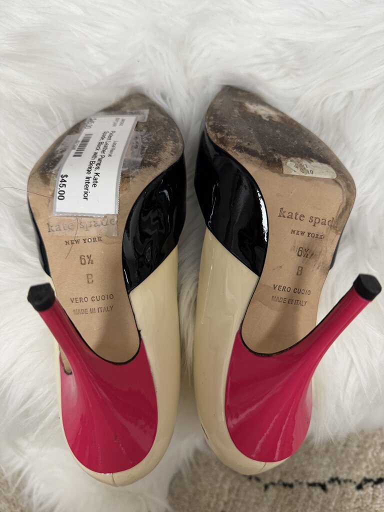 Patent Leather Pumps, Kate Spade, Black with Beige Interior and Pink Heel