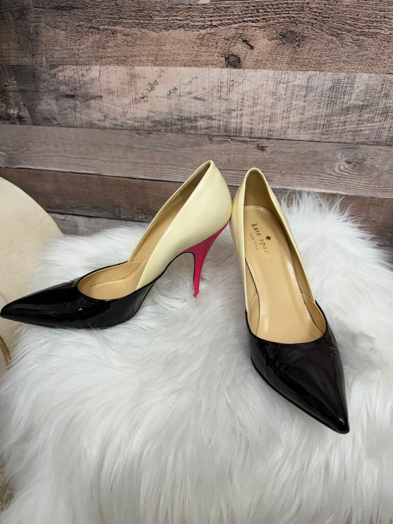 Patent Leather Pumps, Kate Spade, Black with Beige Interior and Pink Heel