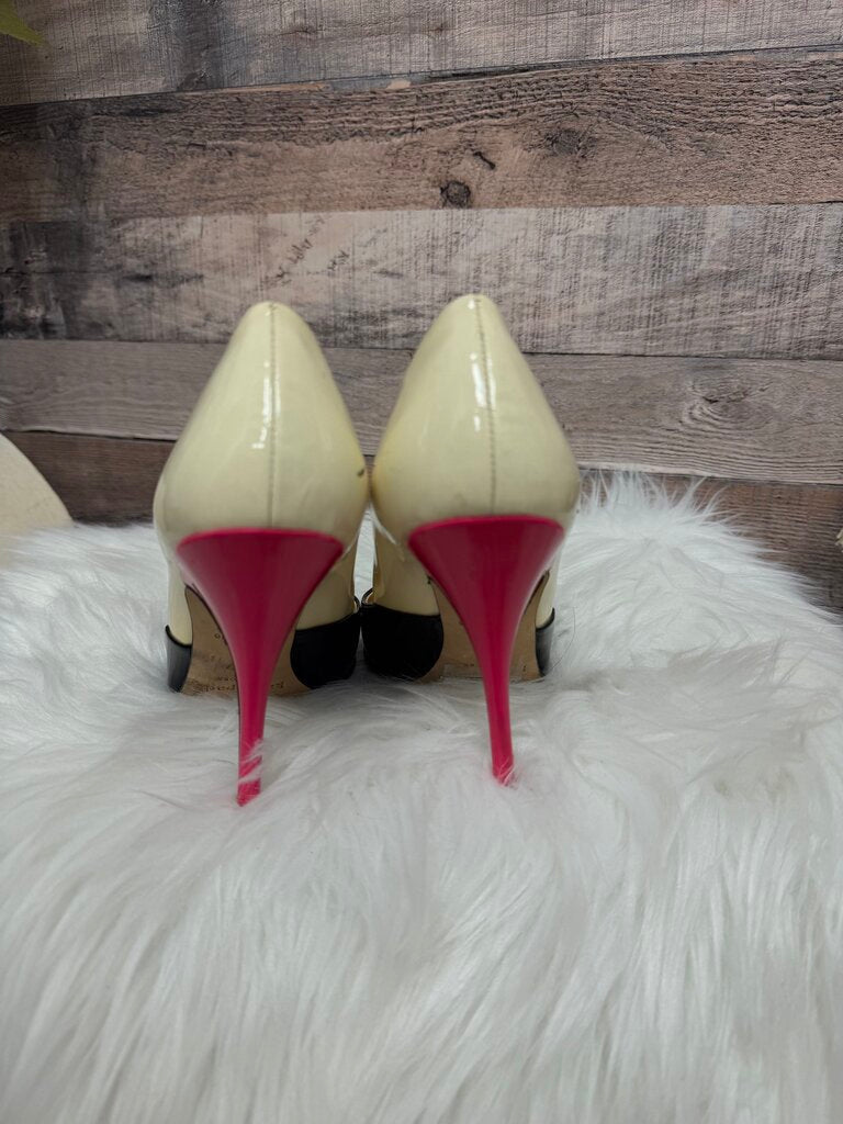 Patent Leather Pumps, Kate Spade, Black with Beige Interior and Pink Heel