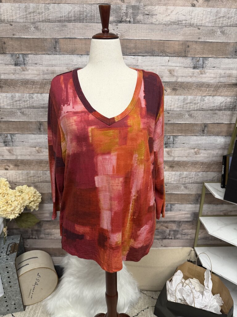Chico's Red & Orange Long Sleeve V-Neck tee