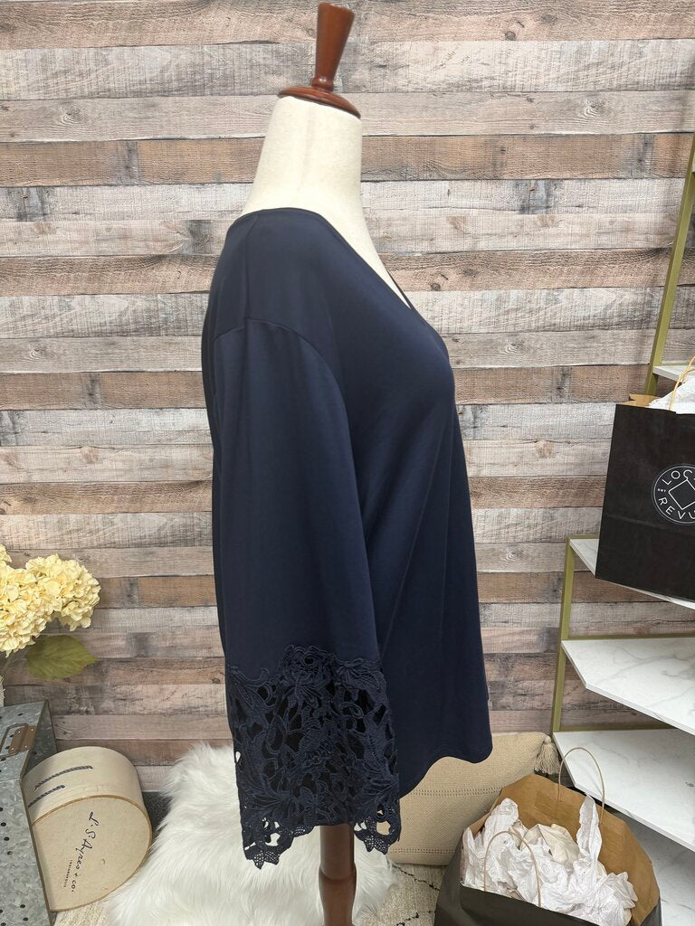 Chico's Navy V-Neck Tunic Top With Lace Cuff Sleeves