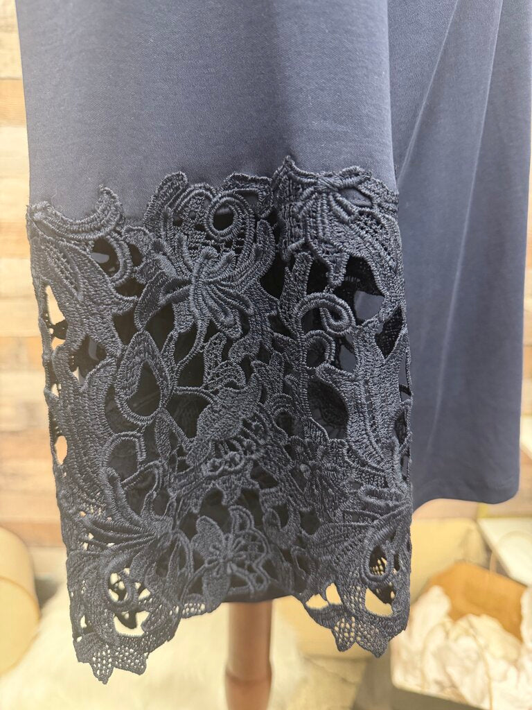 Chico's Navy V-Neck Tunic Top With Lace Cuff Sleeves