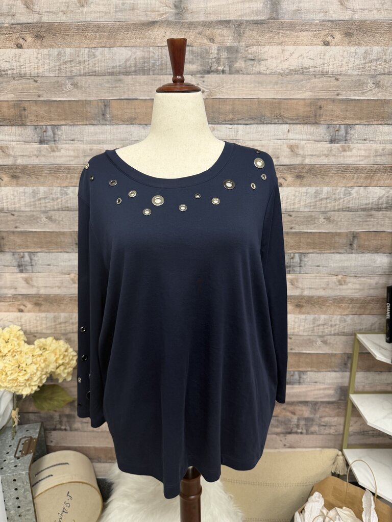 Chico's Navy Long Sleeve Tunic Top With Eyelet Detail