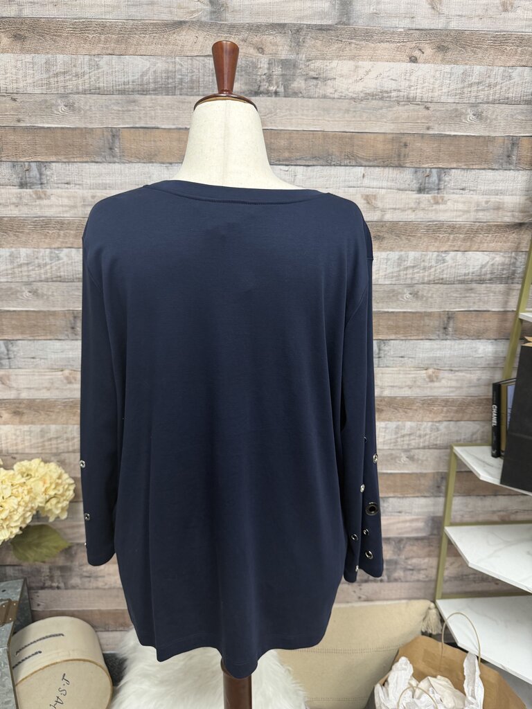 Chico's Navy Long Sleeve Tunic Top With Eyelet Detail