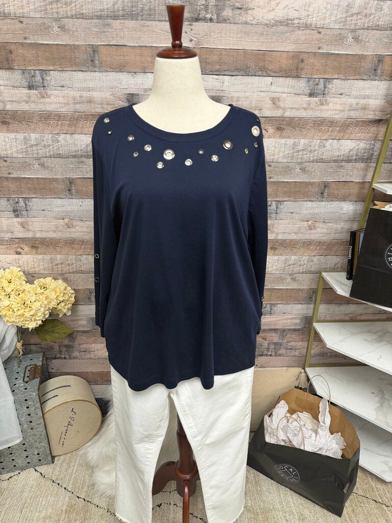 Chico's Navy Long Sleeve Tunic Top With Eyelet Detail