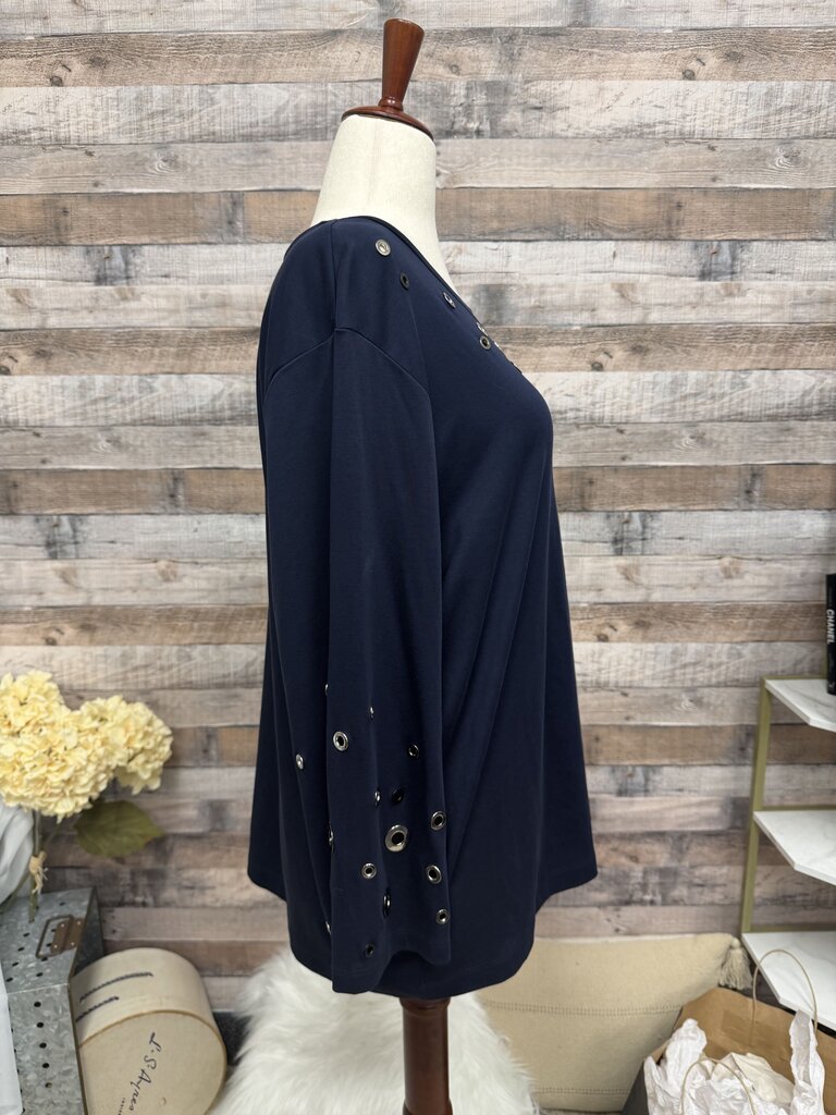 Chico's Navy Long Sleeve Tunic Top With Eyelet Detail