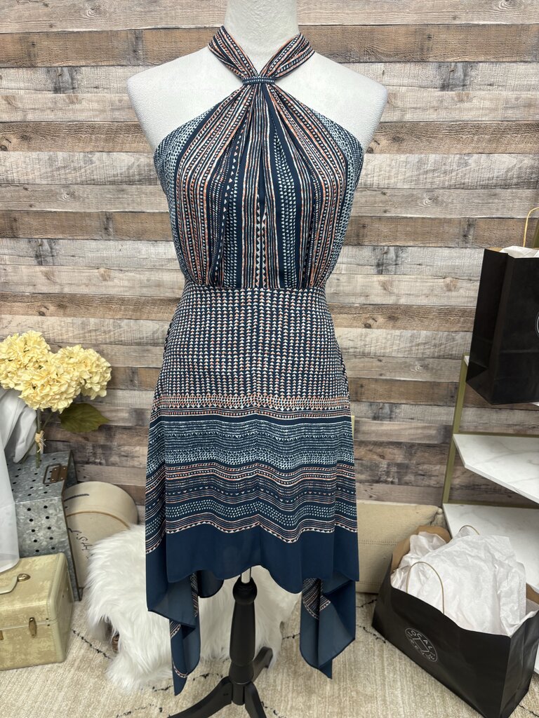BCBGMazAzria Blue & Coral Geo Print Halter Dress