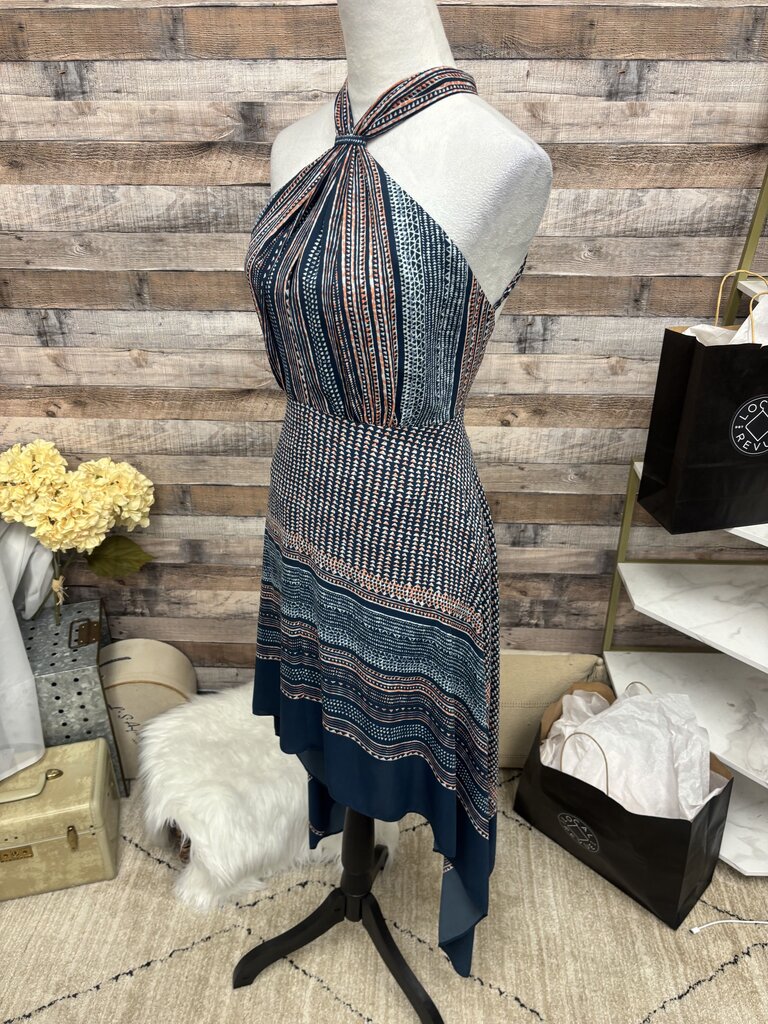 BCBGMazAzria Blue & Coral Geo Print Halter Dress