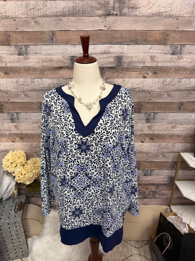 Lands' End Navy & White Swim Cover-Up